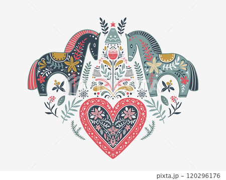Vector Christmas composition with hand drawn holiday elements, snowflakes. Scandinavian folk ornament. 120296176