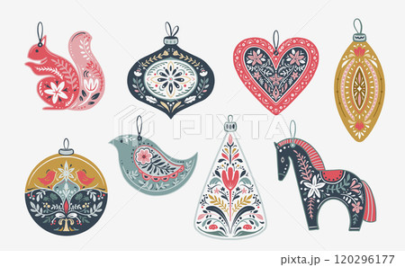 Vector set of Christmas tree decorations with folklore Scandinavian ornament. 120296177