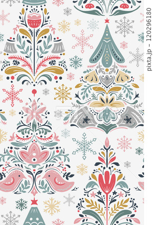 Vector Christmas seamless pattern with hand drawn Scandinavian folk ornament, Christmas trees, decorations. Vector endless background of new year symbols in modern graphic style Vector Christmas seamless pattern with hand drawn Scandinavian folk ornament, Christmas trees, decorations. Vector endless background of new year symbols in modern graphic style 120296180
