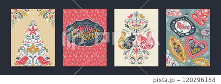 Collection of four trendy vector Christmas cards with hand drawn holiday elements, snowflakes. Scandinavian folk ornament Collection of four trendy vector Christmas cards with hand drawn holiday elements, snowflakes. Scandinavian folk ornament 120296188
