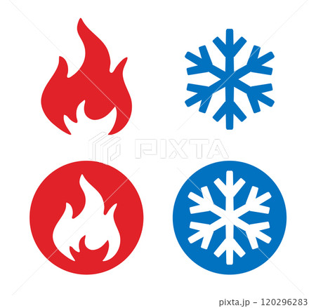 Hot and cold temperature icon symbol. Snowflake and fire flame logo sign. Warm, freeze snowflake. Vector illustration image. Isolated on white background. Hot and cold temperature icon symbol. Snowflake and fire flame logo sign. Warm, freeze snowflake. Vector illustration image. Isolated on white background. 120296283
