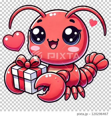 A cute cartoon lobster presenting a gift with hearts around it. Valentine's day theme 120296467