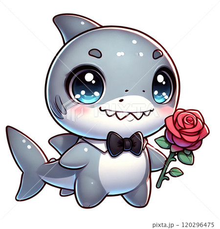 Adorable cartoon shark holding a rose in a tuxedo with charm. Valentine's day theme 120296475