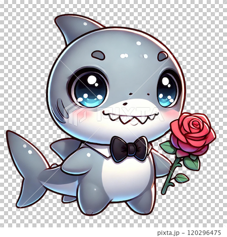 Adorable cartoon shark holding a rose in a tuxedo with charm. Valentine's day theme 120296475