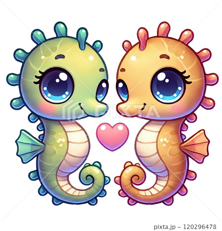 Cute and colorful cartoon seahorses with heart symbol. Valentine's day theme 120296478