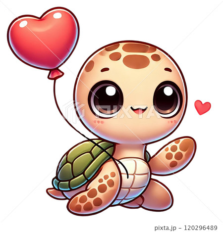 Cute cartoon turtle with a heart-shaped balloon, radiating joy. Valentine's day theme Cute cartoon turtle with a heart-shaped balloon, radiating joy. Valentine's day theme 120296489