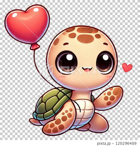 Cute cartoon turtle with a heart-shaped balloon, radiating joy. Valentine's day theme Cute cartoon turtle with a heart-shaped balloon, radiating joy. Valentine's day theme 120296489