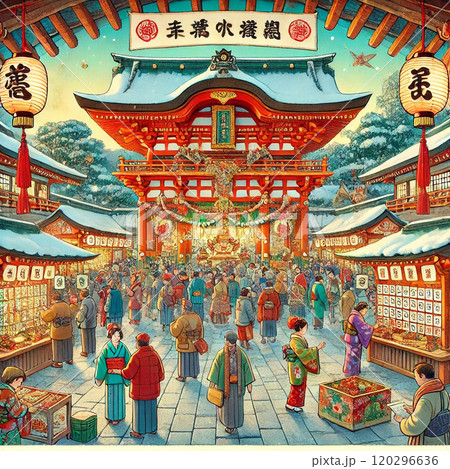 初詣で賑わう神社の風景 120296636