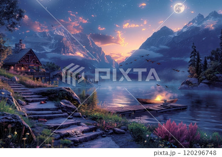 Breathtaking and stunning Twilight Landscape featuring Majestic Mountains alongside a Lake Breathtaking and stunning Twilight Landscape featuring Majestic Mountains alongside a Lake 120296748