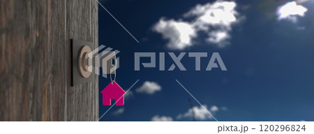 House model and key in house door. Real estate agent offer house, property insurance and security, affordable housing concepts. 3d rendering House model and key in house door. Real estate agent offer house, property insurance and security, affordable housing concepts. 3d rendering 120296824