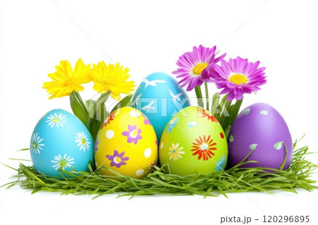 Colorful Easter Eggs Decorated with Beautiful Flowers Nestled in the Fresh Green Grass 120296895