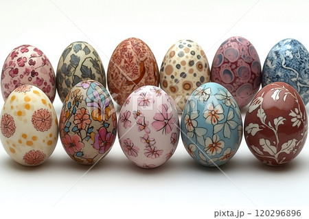Vibrantly Colorful Decorative Easter Eggs Displayed in a Wide Variety of Beautiful Patterns 120296896