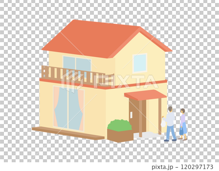 一軒家と買い物から帰宅した夫婦のイラスト 一軒家と買い物から帰宅した夫婦のイラスト 120297173