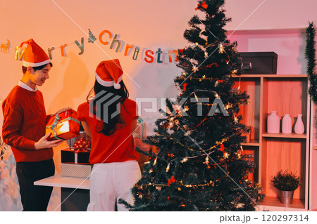 Group of happy Asian friends celebrating Christmas and decorate the Christmas tree indoors. Beauty woman with Christmas Gifts. New Year party. Woman hands decorate Christmas tree red ball, bauble. 120297314