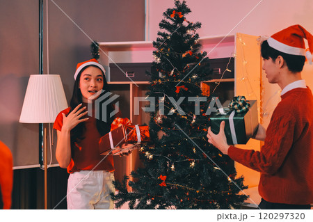 Group of happy Asian friends celebrating Christmas and decorate the Christmas tree indoors. Beauty woman with Christmas Gifts. New Year party. Woman hands decorate Christmas tree red ball, bauble. Group of happy Asian friends celebrating Christmas and decorate the Christmas tree indoors. Beauty woman with Christmas Gifts. New Year party. Woman hands decorate Christmas tree red ball, bauble. 120297320