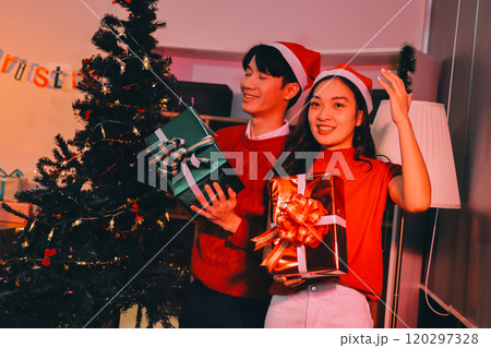 Group of happy Asian friends celebrating Christmas and decorate the Christmas tree indoors. Beauty woman with Christmas Gifts. New Year party. Woman hands decorate Christmas tree red ball, bauble. Group of happy Asian friends celebrating Christmas and decorate the Christmas tree indoors. Beauty woman with Christmas Gifts. New Year party. Woman hands decorate Christmas tree red ball, bauble. 120297328