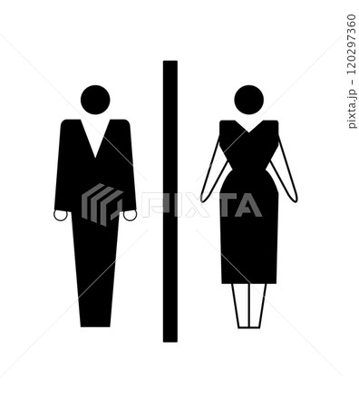 on an white background there is a sign with the direction of the toilets 120297360