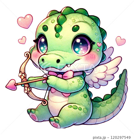 Adorable green dragon with wings shooting love arrows. Valentine animal cartoon. 120297549