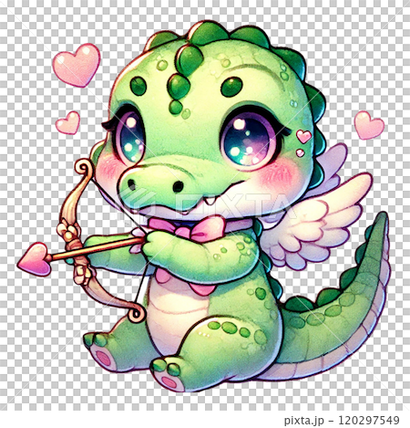 Adorable green dragon with wings shooting love arrows. Valentine animal cartoon. 120297549