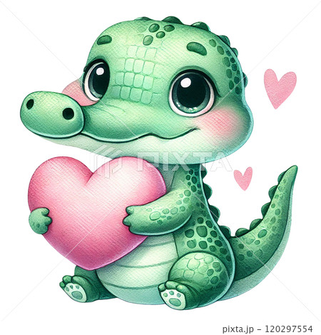 Cute cartoon crocodile holding a pink heart with joyful expression. Valentine animal cartoon. 120297554