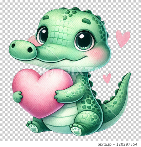 Cute cartoon crocodile holding a pink heart with joyful expression. Valentine animal cartoon. 120297554