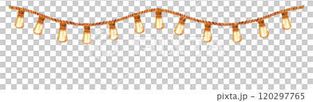 Outdoor string lights, jute rope stretched for hanging seamless border isolated on white. Hand painted in watercolor. Natural high quality string for eco design, labels, interior decor, cards, banner Outdoor string lights, jute rope stretched for hanging seamless border isolated on white. Hand painted in watercolor. Natural high quality string for eco design, labels, interior decor, cards, banner 120297765