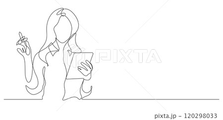 business woman using digital tablet one line drawing continuous 120298033