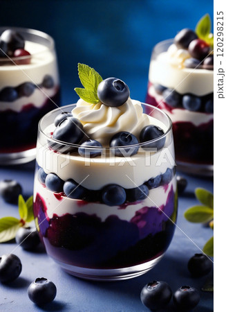 Delicious blueberry dessert parfaits with whipped cream and fresh mint Delicious blueberry dessert parfaits with whipped cream and fresh mint 120298215