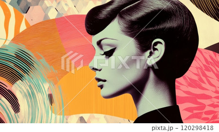 Retro Portrait of Woman with Bold Colors and Abstract Design Retro Portrait of Woman with Bold Colors and Abstract Design 120298418