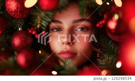 Close-up portrait young woman framed red Christmas ornaments pine branches 120298534