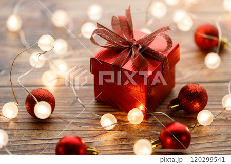 Assorted artisanal gift boxes on wooden background. 120299541