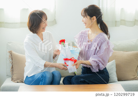 母の日のプレゼントを渡す親子 120299719