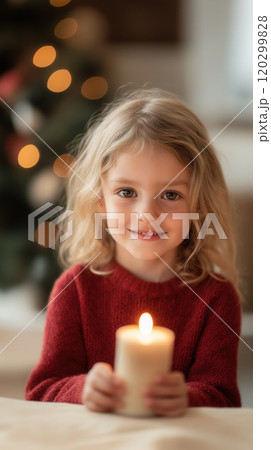 Young girl red sweater holding candle warm glow cozy Christmas atmosphere tree 120299828