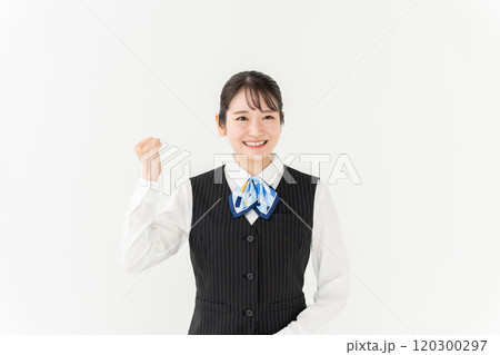 ビジネス　女性　制服　ガッツポーズ 120300297