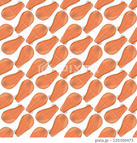 Freehand Salmon steaks Seamless pattern in watercolor style. Healthy Eating Day or Fish Day backdrop 120300473