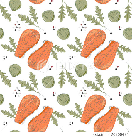 Salmon steaks, arugula leaves, brussels sprout heads and peppercorn mix Seamless pattern. Food fond 120300474