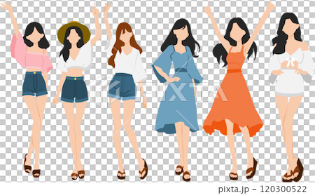 Illustration set of women wearing summer clothes Illustration set of women wearing summer clothes 120300522