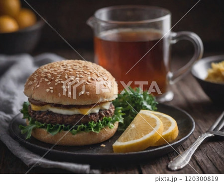 hamburger on a served table hamburger on a served table 120300819
