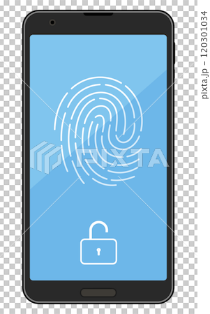 生体認証セキュリティ、指紋認証とスマートフォンのイラスト 120301034