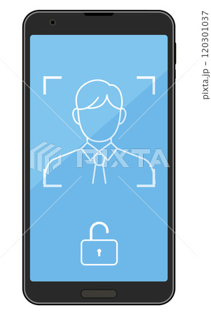 生体認証セキュリティ、顔認証とスマートフォンのイラスト 120301037