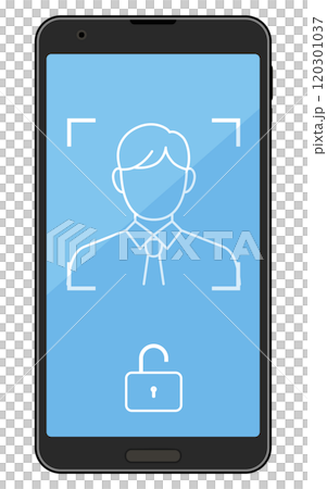 生体認証セキュリティ、顔認証とスマートフォンのイラスト 120301037