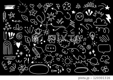 Set of cute pen line doodle element isolated on black background. Hand drawn doodle style collection. 120301316