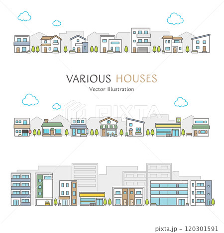 住宅、お店、マンションなどの建物が並ぶ街並みのシンプルでかわいいベクターイラストのセット 120301591