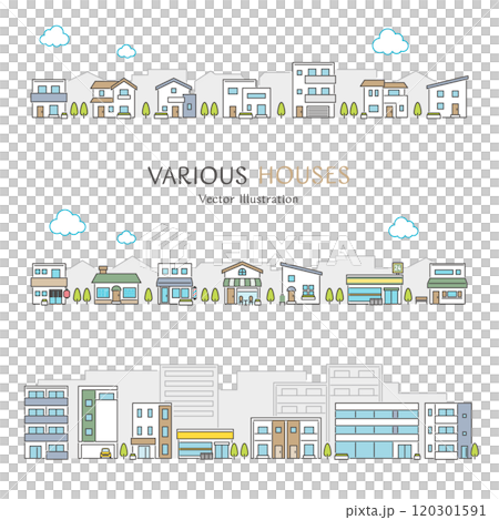 住宅、お店、マンションなどの建物が並ぶ街並みのシンプルでかわいいベクターイラストのセット 120301591