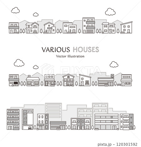 住宅、お店、マンションなどの建物が並ぶ街並みのシンプルでかわいいベクターイラストのセット 120301592