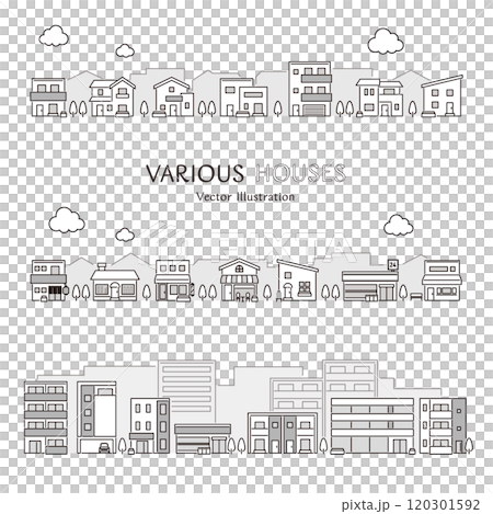 住宅、お店、マンションなどの建物が並ぶ街並みのシンプルでかわいいベクターイラストのセット 120301592
