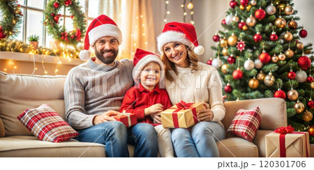 Happy parents with son at home, festive family photo for New Year Happy parents with son at home, festive family photo for New Year 120301706