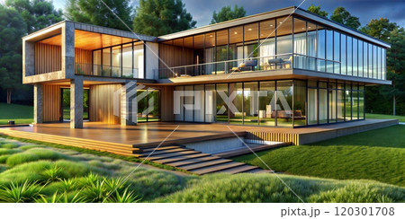 High-Tech Residential House with Large Glass Windows and a Vibrant Green Lawn 120301708