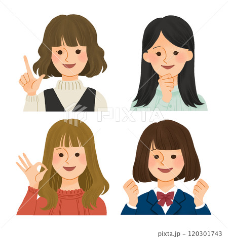様々な若い女性の上半身_手描きイラスト 120301743