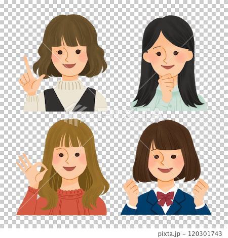 Various young women's upper bodies_hand-drawn illustrations 120301743
